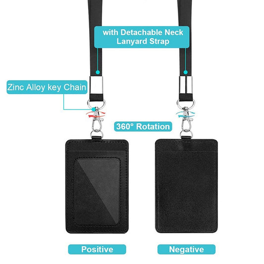 Black rectangular badge holders with detachable lanyard straps and 360° rotating key chain