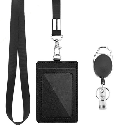 Black PU badge holder with retractable lanyard and metal swivel key chain clip
