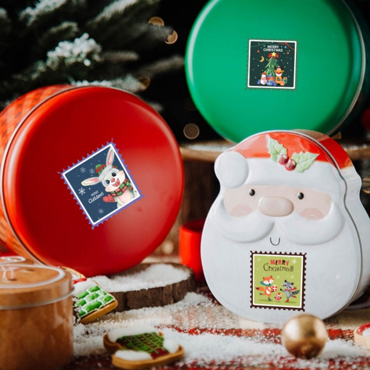 Christmas seal sticker with a snowman in a Santa hat on a round holiday ornament