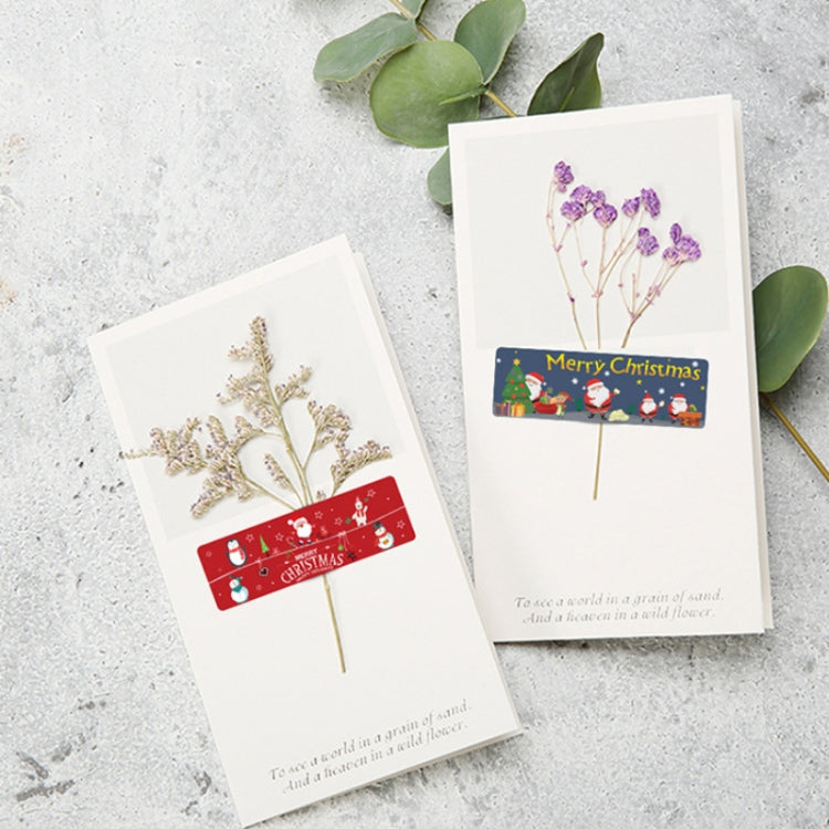 Christmas sticker label strips on greeting cards with red “Merry Christmas” print