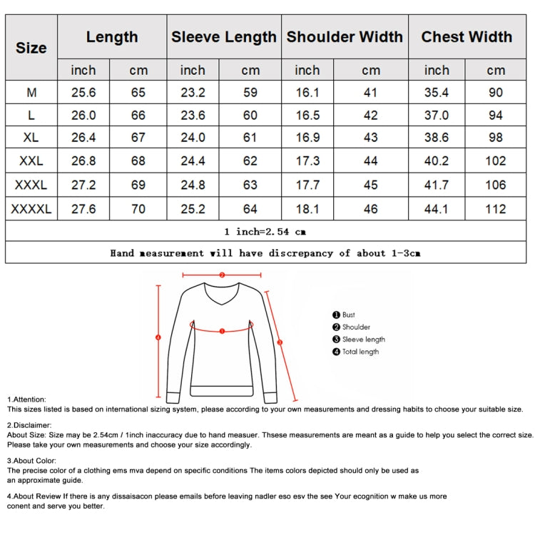Size chart for men's high-collar knit sweater: M–XXXXL, measurements in inches/cm