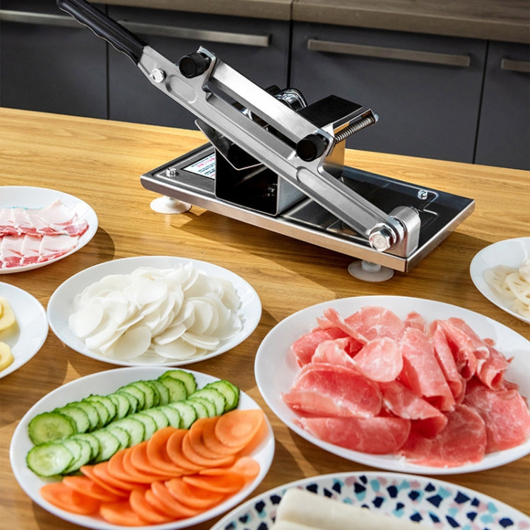 Countertop manual meat slicer with handle, black knobs, and base stand