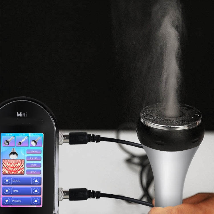 Mini RF device screen connected to probe heads and a white-and-black handle applicator