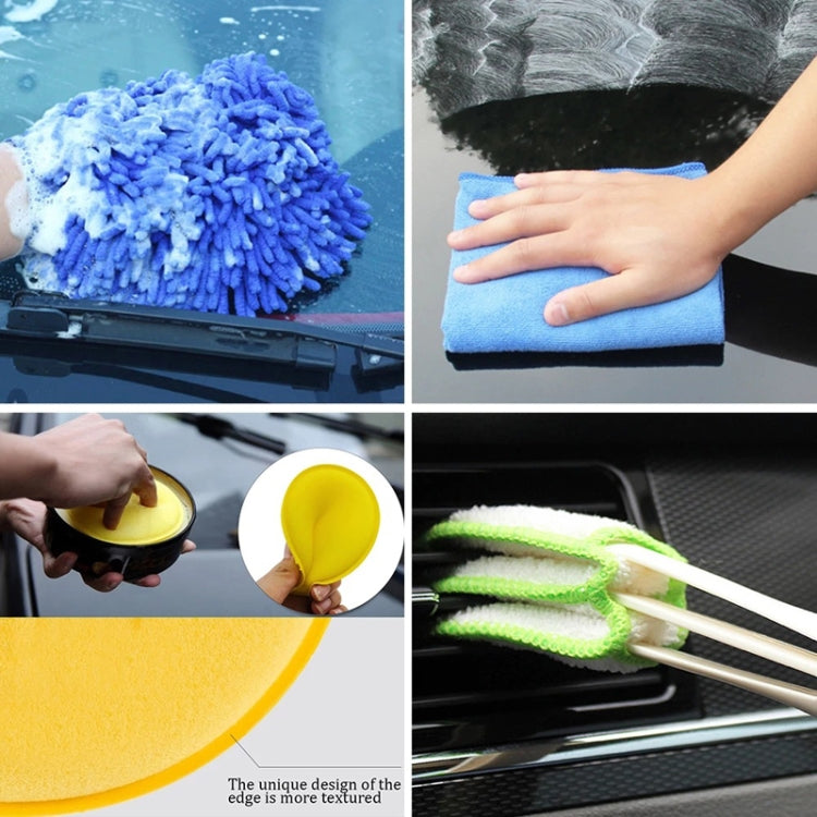 Car cleaning kit with blue microfiber pads and brush cleaning attachments