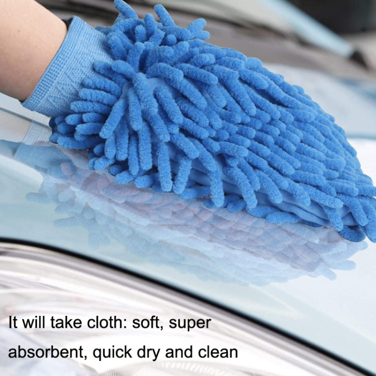 Blue microfiber car wash mitt with chenille scrub surface and elastic cuff