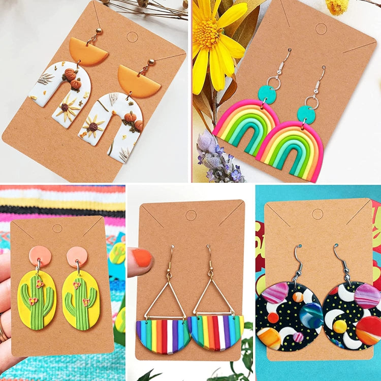 Handmade clay earrings on kraft cards, including geometric and rainbow designs