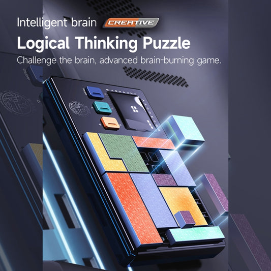 Creative intelligent block puzzle game graphic showing the device and colorful tile obstacles