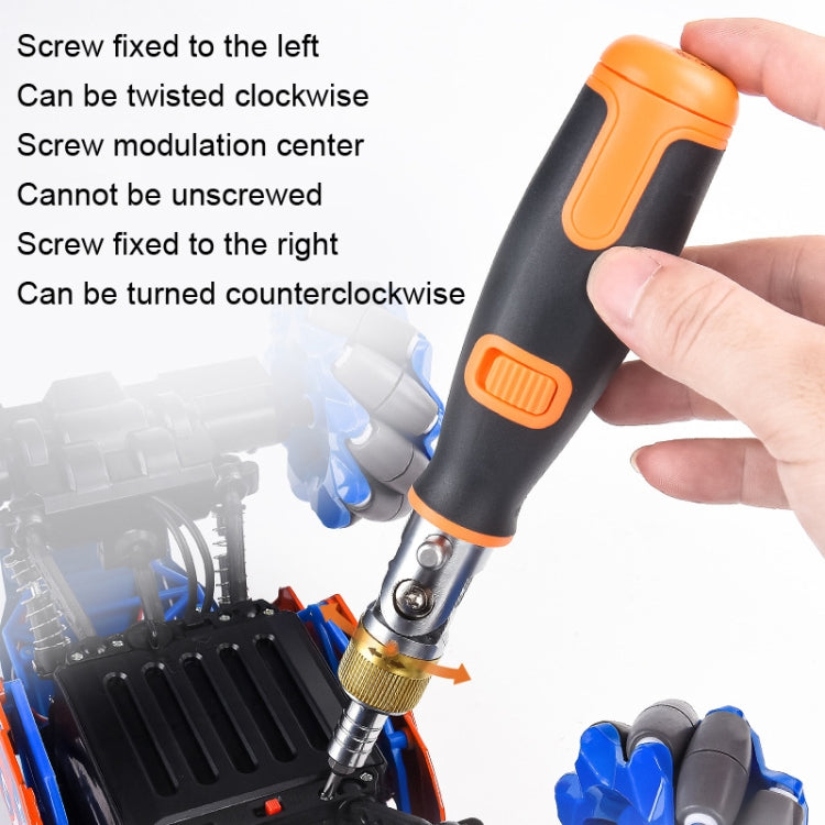 Black and orange ratchet corner screwdriver held in hand with gold bit adapter