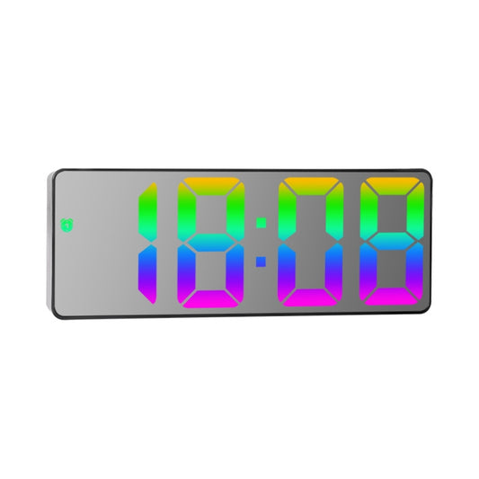 Colorful LED alarm clock with black case, large multicolor digital time display
