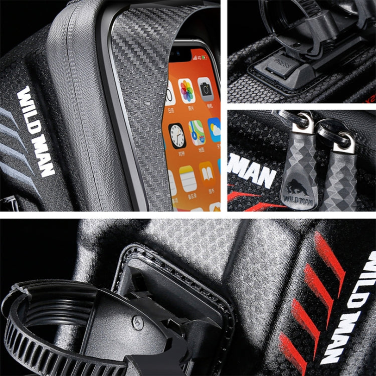 Hard-shell bicycle bag detail: carbon-pattern panel, touch window, clips and key fob