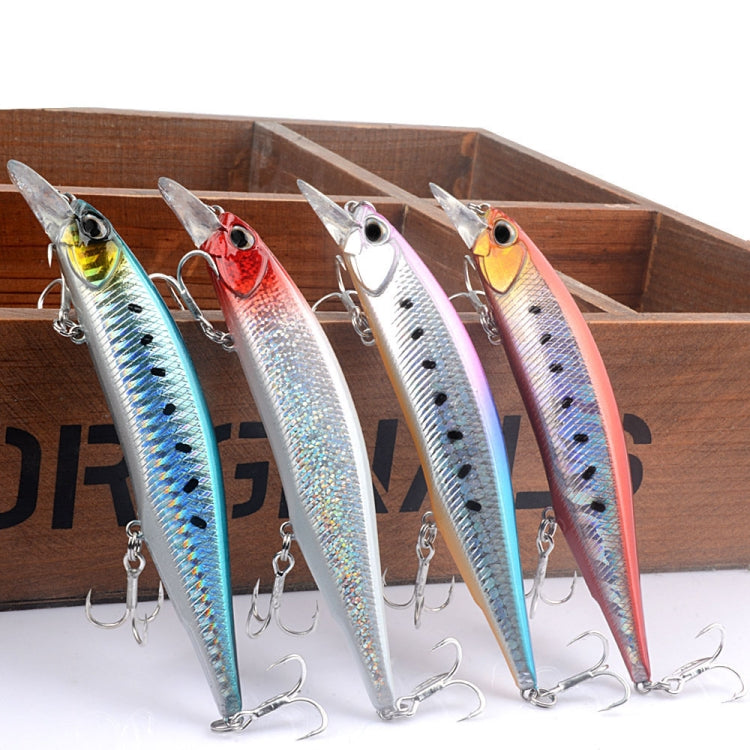 Assorted minnow lures, multiple colored bodies in wooden tray, treble hooks