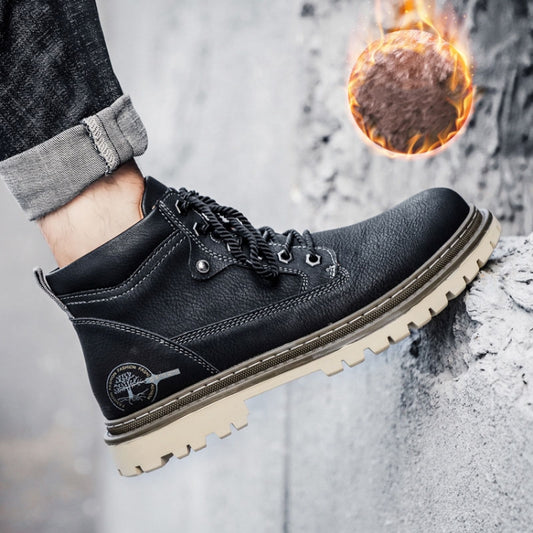 Men's black outdoor work shoes with thick sole, lace-up top, and protective toe edge