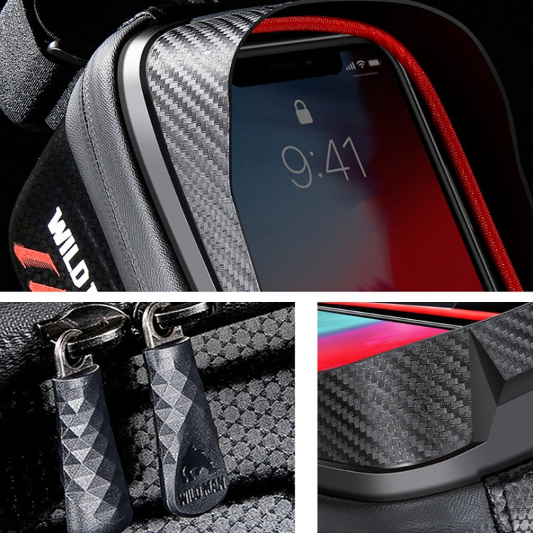 Black phone bike bag with carbon-fiber paneling, red interior trim, and zipper detail