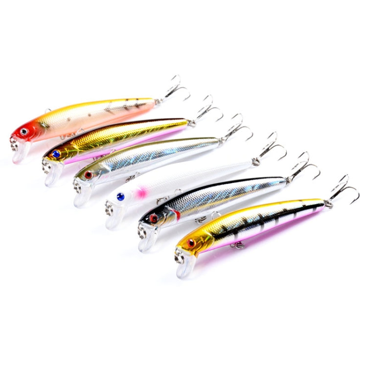 Five assorted floating minnow lures with treble hooks, including white and gold colors