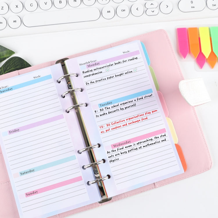 Weekly planner insert page with handwritten notes inside a pastel 6-hole binder