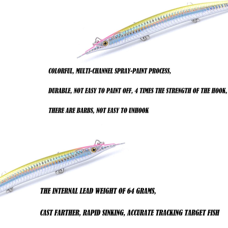 Light blue pencil fishing lure with pink accents, three treble hooks, and front lip