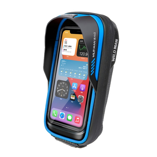 Blue-trim black bike handlebar touch-screen waterproof bag with hard shell