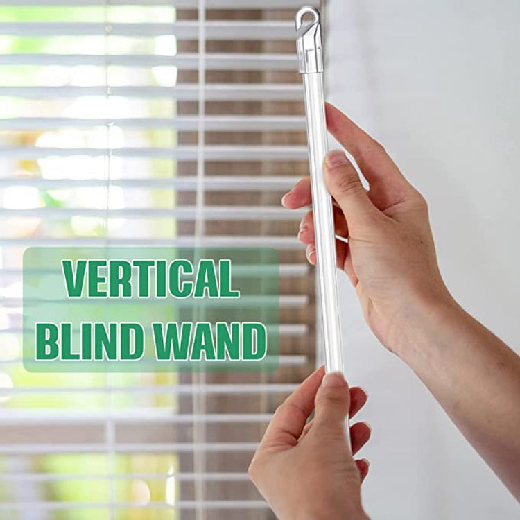 Transparent acrylic vertical blind wand with hook handle, held by two hands