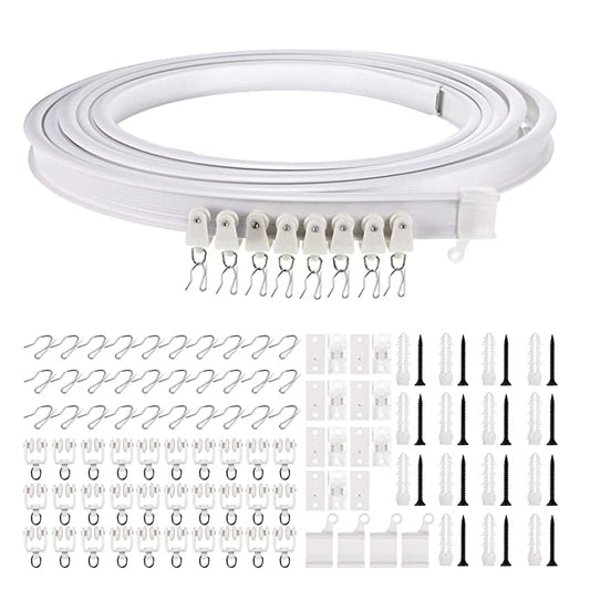 White flexible curved curtain track, with rollers, hooks, and mounting screws (5m)