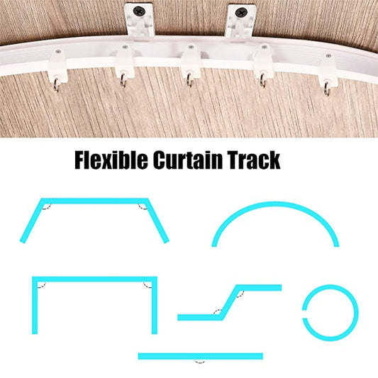 Flexible curved curtain track with snap-on ceiling brackets and hanging hooks