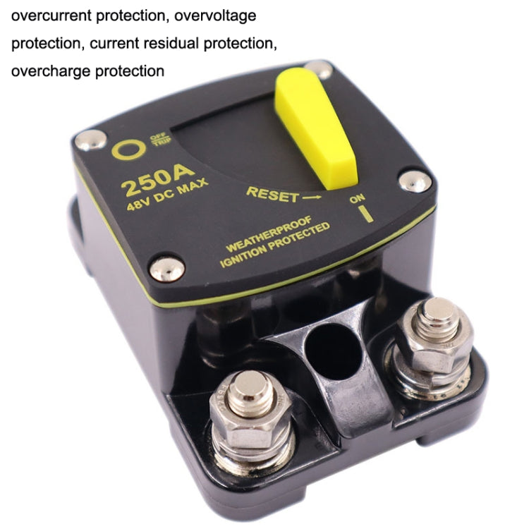 Weatherproof reset switch with yellow lever, 250A 48V DC max; ON/OFF indicator.