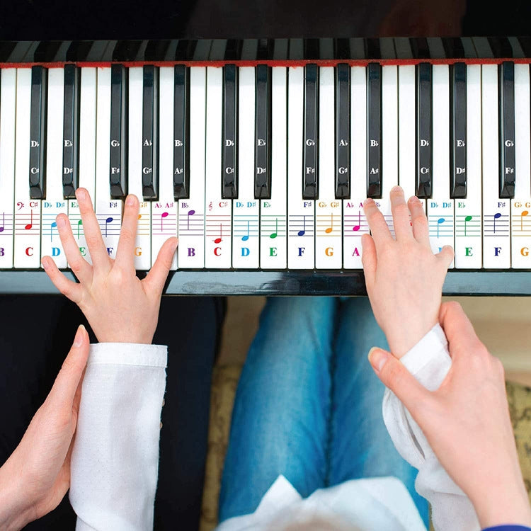 Piano keyboard with color note stickers on keys for beginner practice