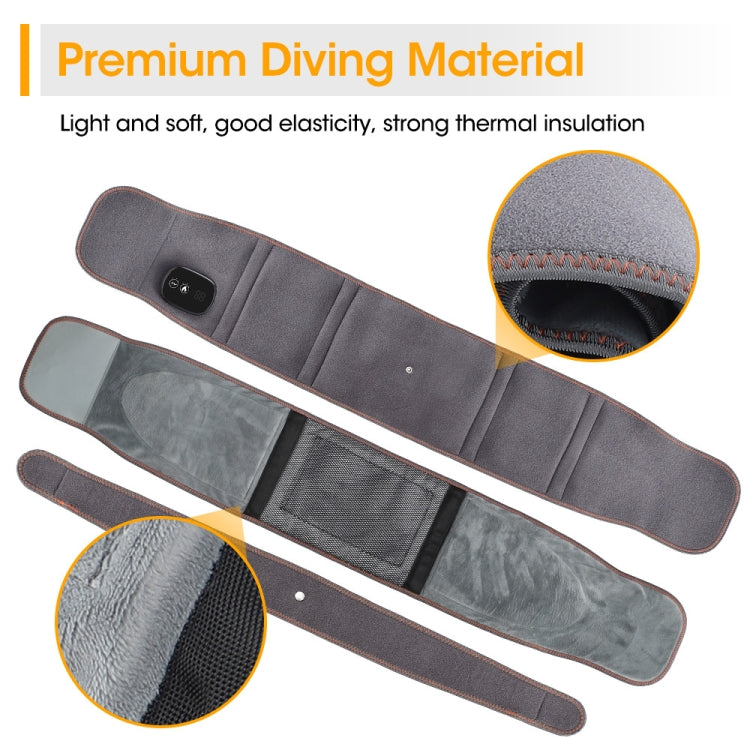 Gray heated lumbar belt with inner padding bands, shown in folded and detail views