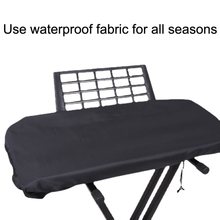 Black electronic piano cover over keys and stand, with adjustable drawstring