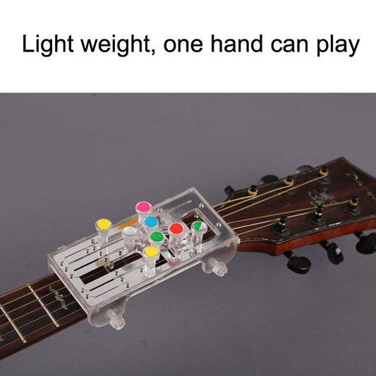 Transparent guitar chord assist tool with colorful buttons attached to neck
