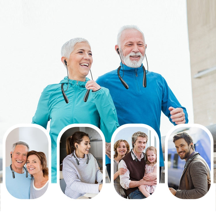 Multiple seniors wearing wireless neckband hearing aids in lifestyle scenes