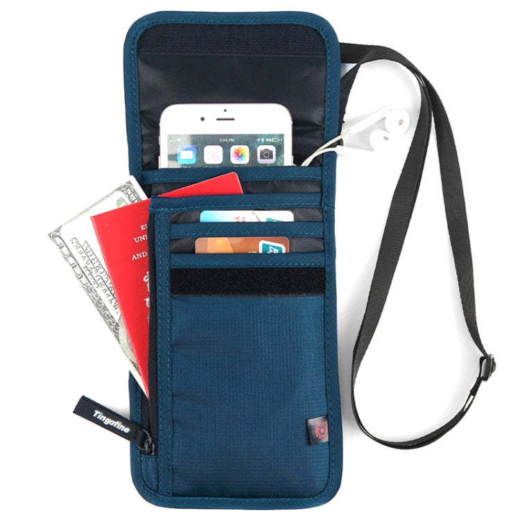 Blue Tingofine RFID passport document holder with multiple card slots and crossbody strap
