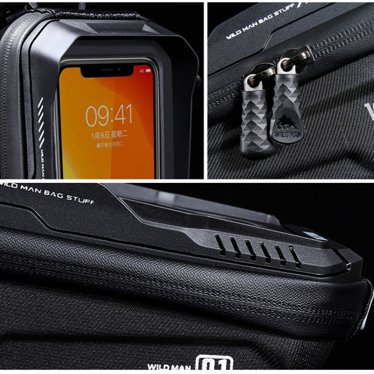 Black EVA phone bag close-up with vented hard-shell frame and zipper