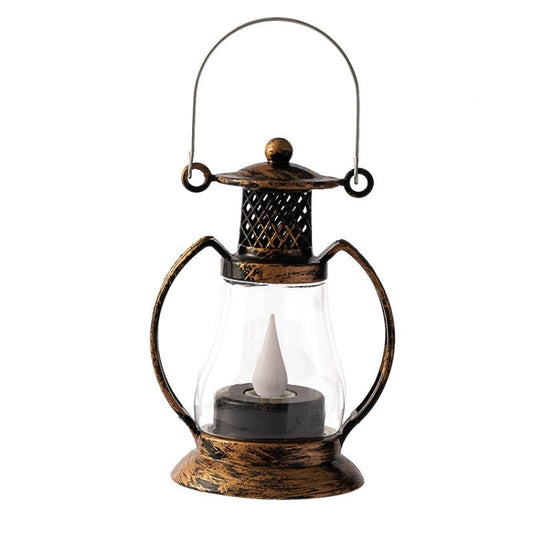 Bronze retro oil lantern ornament with clear glass body, arched handle, and wick flame