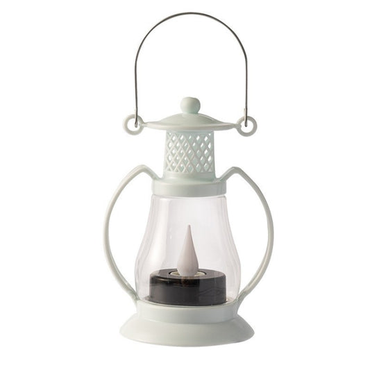 White retro oil lantern ornament with clear glass body, arched handle, and wick flame
