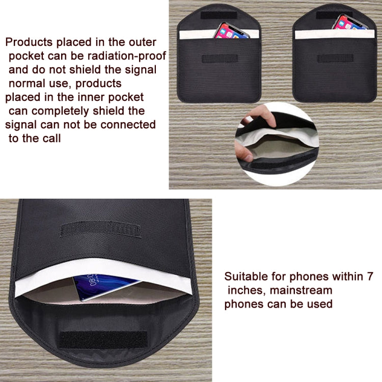 Black shielding pouch opened to show inner pocket with white barrier panel