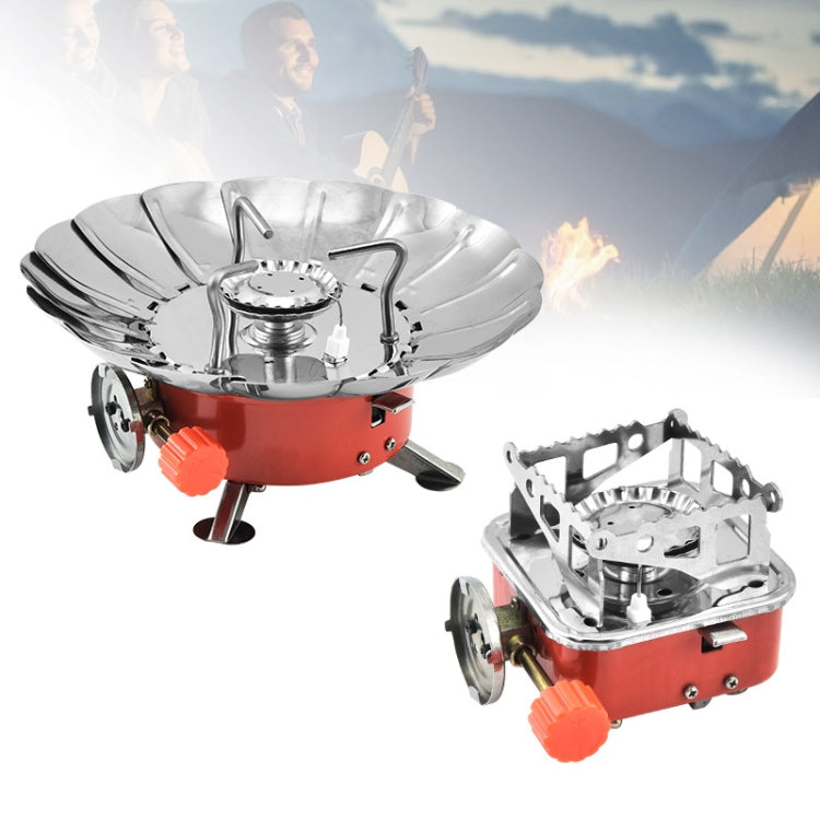 Mini portable gas stove with orange base and silver burner head, set shown together
