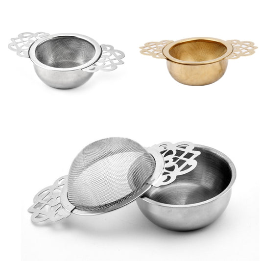 Set of gold and silver 304 stainless steel tea filters with decorative border, mesh bowls