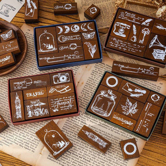 MOCARD 7 In 1 Wooden Stamp Set Handbook DIY Material, 7 In 1 Listening Wind, 7 In 1 Senyu Traveler, 7 In 1 Handicraft Diary, 7 In 1 Floating
