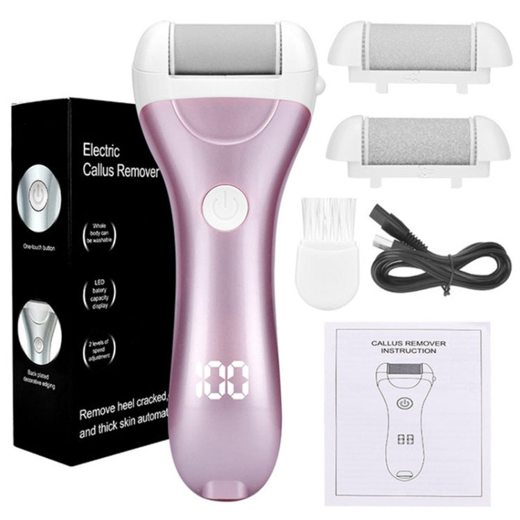 Pink electric callus remover kit with LED display, roller heads, brush, and USB cable
