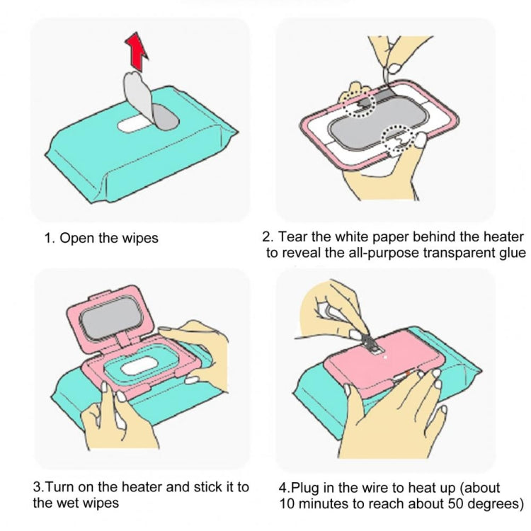 Instruction diagram for using a portable wet towel heater with wipes and USB power