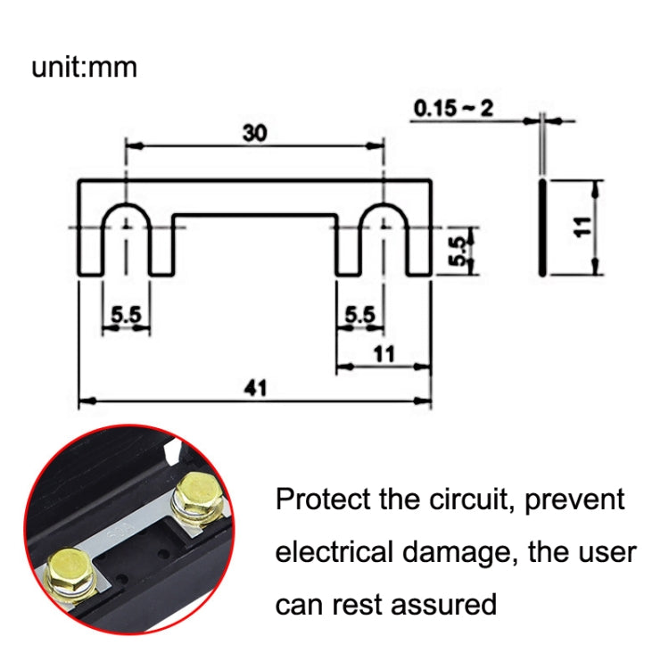 Black mini fuse holder with twin terminals, 30mm x 41mm dimensions, mm layout