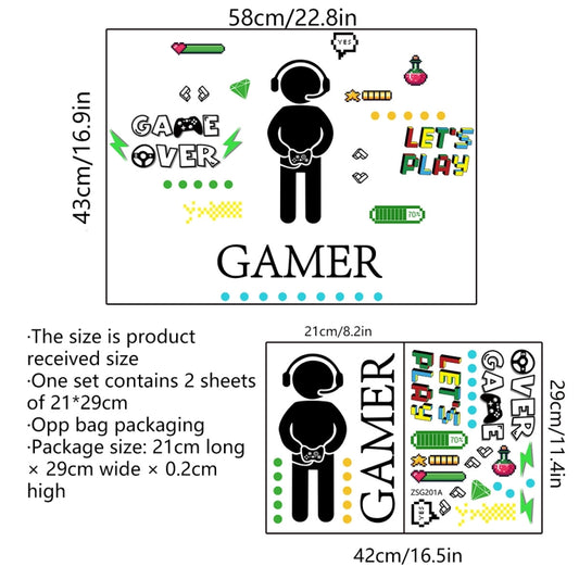 Gaming wall sticker sheet with gamer icons and size diagram labels