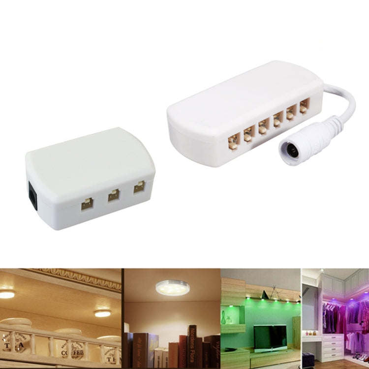 White 6-port hub splitter junction box with cable connector, front and side views