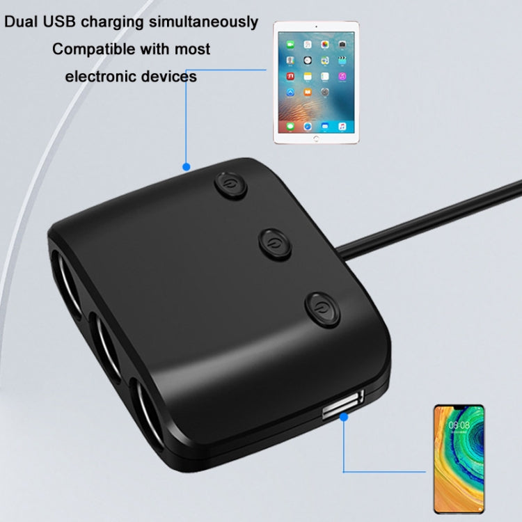 Black dual USB car charger with compact body and three cigarette lighter sockets