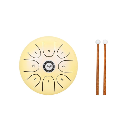 Yellow tongue drum with eight tongues and two wooden mallets