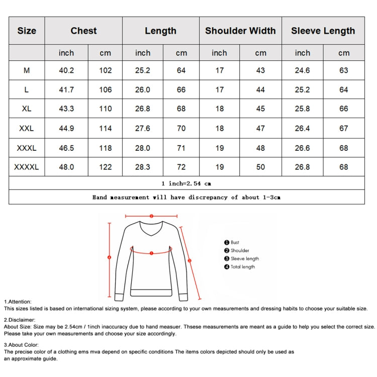 Men's casual jacket size chart with chest, length, shoulder width, and sleeve length