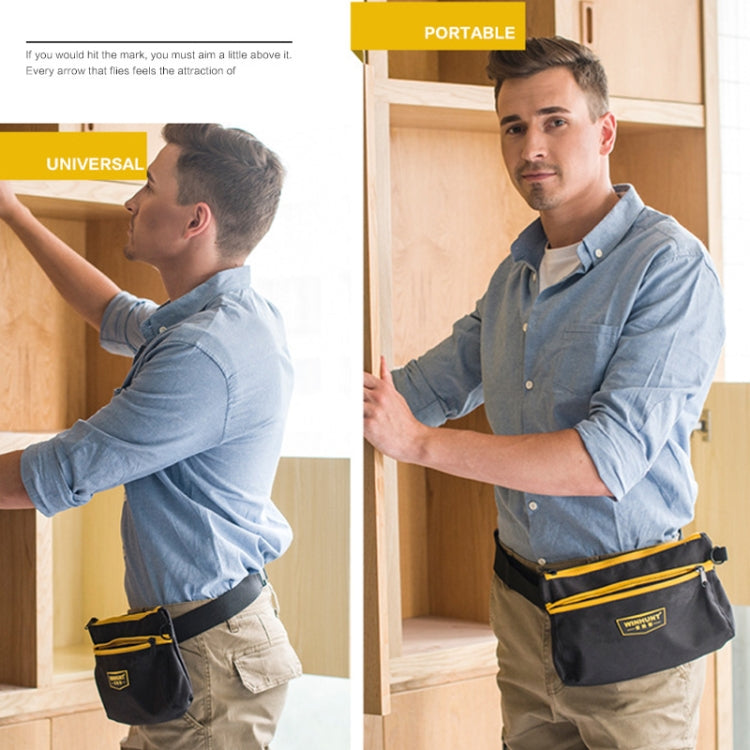 Black tool belt pouch with yellow trim worn at waist over workwear