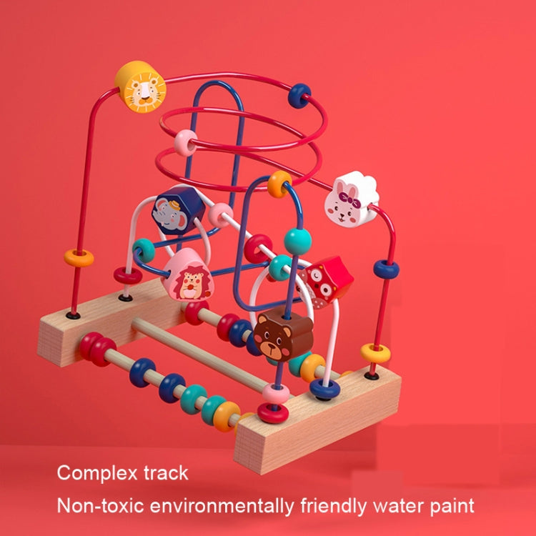 Wooden bead maze toy with animal and heart/loop track pieces and colorful bead bars