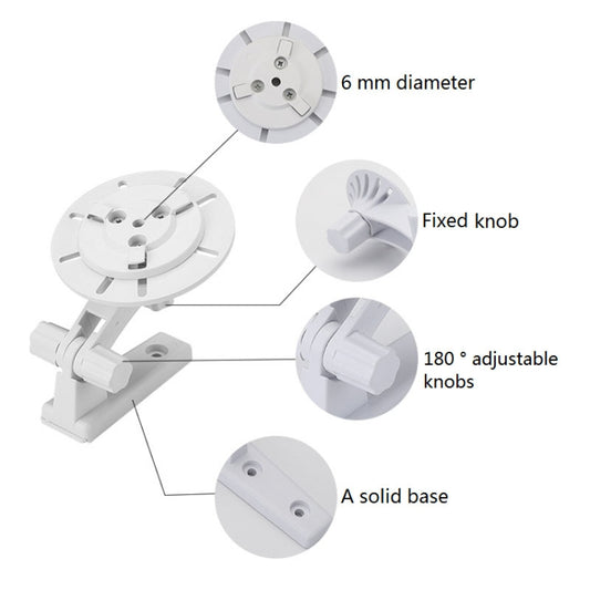 White plastic swing camera mount with fixed knob, 180° adjustable knobs, 6 mm pin