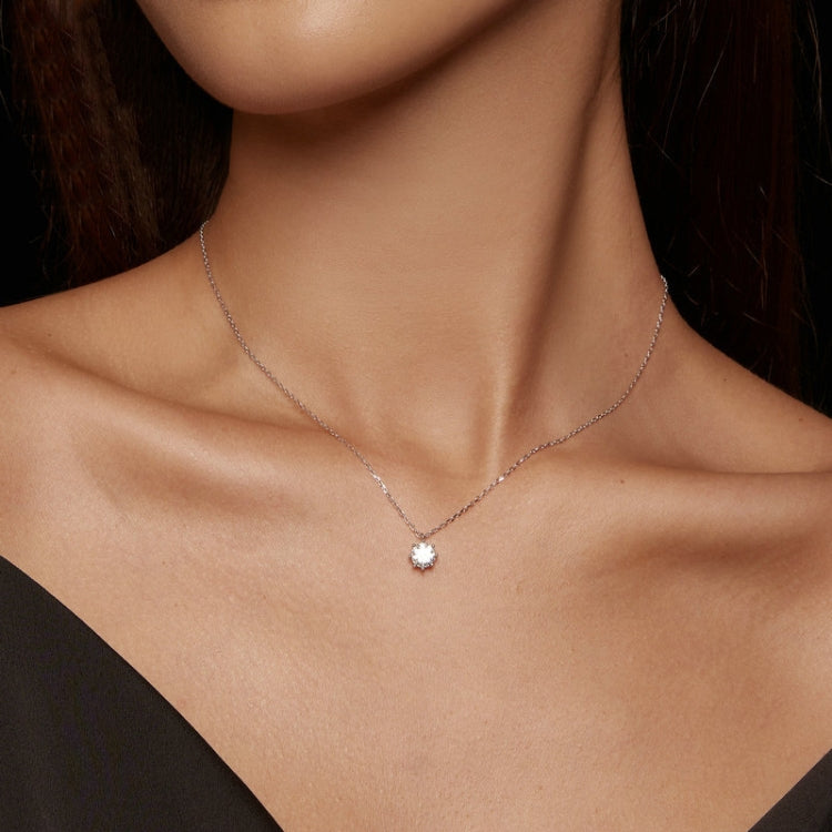 Sterling silver chain necklace with small round gemstone pendant on neckline